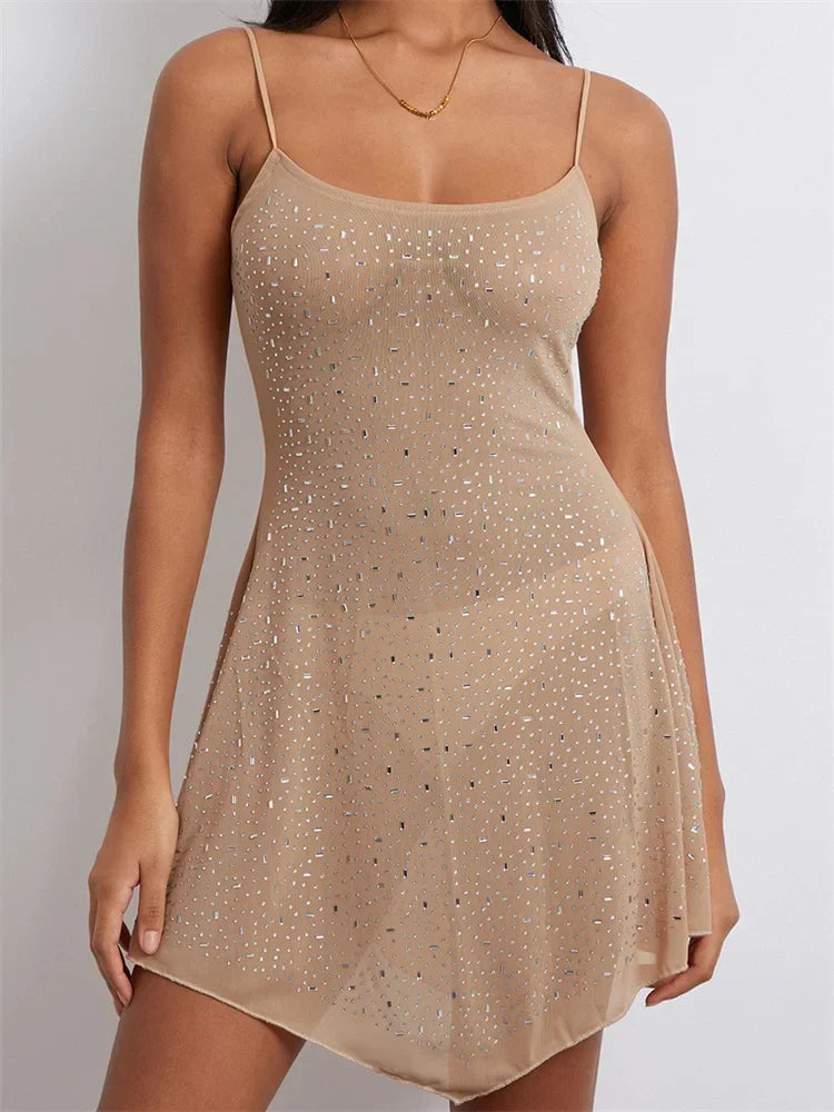 Sheer Rhinestone Mesh Scoop Neck Spaghetti Strap Flared Hem Mini Dress