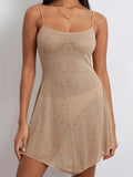 Sheer Rhinestone Mesh Scoop Neck Spaghetti Strap Flared Hem Mini Dress