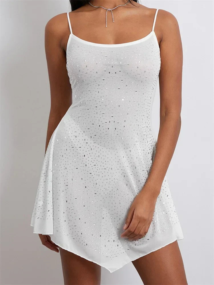 Sheer Rhinestone Mesh Scoop Neck Spaghetti Strap Flared Hem Mini Dress