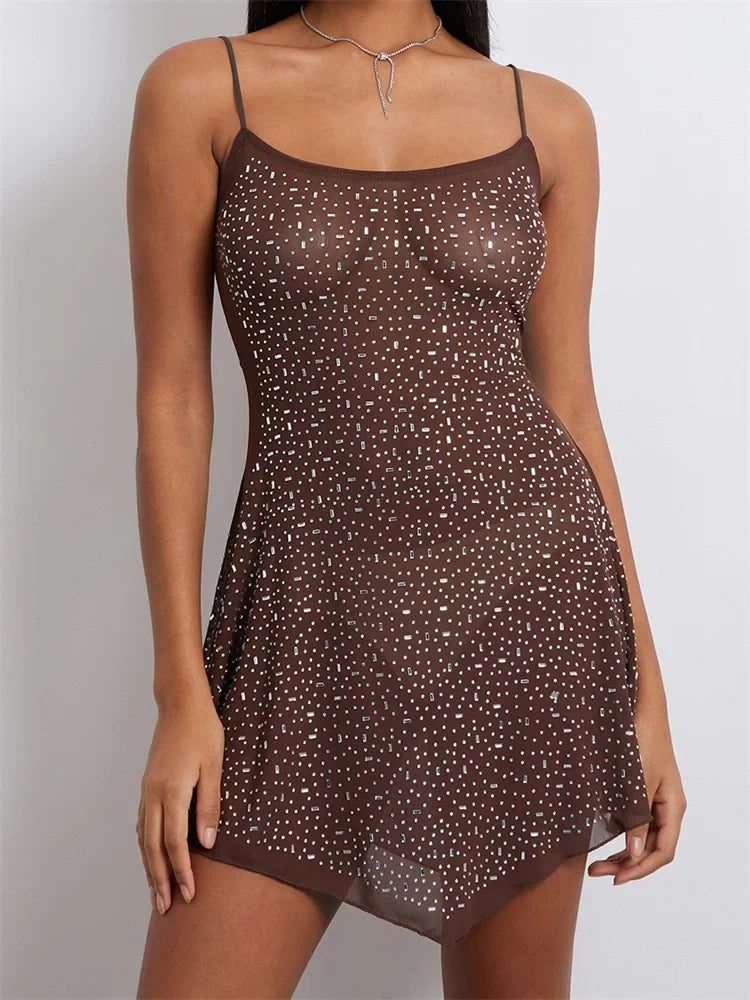 Sheer Rhinestone Mesh Scoop Neck Spaghetti Strap Flared Hem Mini Dress