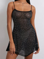 Sheer Rhinestone Mesh Scoop Neck Spaghetti Strap Flared Hem Mini Dress