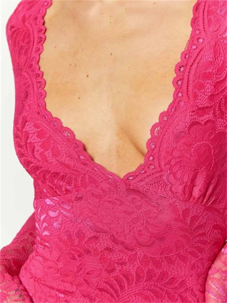 Floral Lace Deep V-Neck Scalloped Trim Long Sleeve Bodycon Mini Dress
