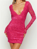 Floral Lace Deep V-Neck Scalloped Trim Long Sleeve Bodycon Mini Dress