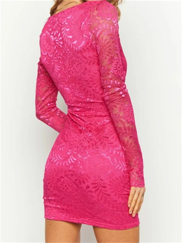 Floral Lace Deep V-Neck Scalloped Trim Long Sleeve Bodycon Mini Dress