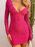 Floral Lace Deep V-Neck Scalloped Trim Long Sleeve Bodycon Mini Dress