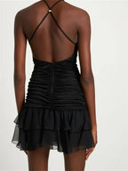 Halter Ruched Center Seam Tiered Chiffon Ruffle Mini Dress