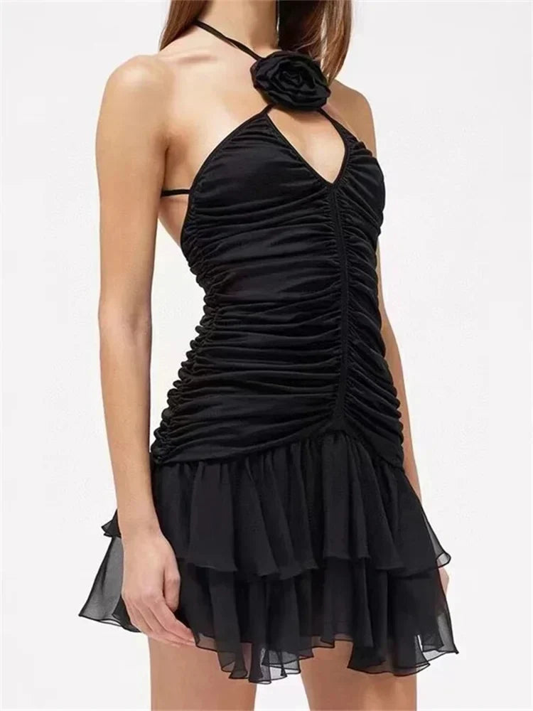 Halter Ruched Center Seam Tiered Chiffon Ruffle Mini Dress