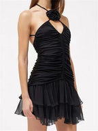 Halter Ruched Center Seam Tiered Chiffon Ruffle Mini Dress