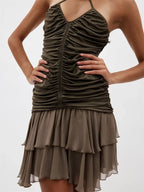 Halter Ruched Center Seam Tiered Chiffon Ruffle Mini Dress