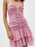 Halter Ruched Center Seam Tiered Chiffon Ruffle Mini Dress