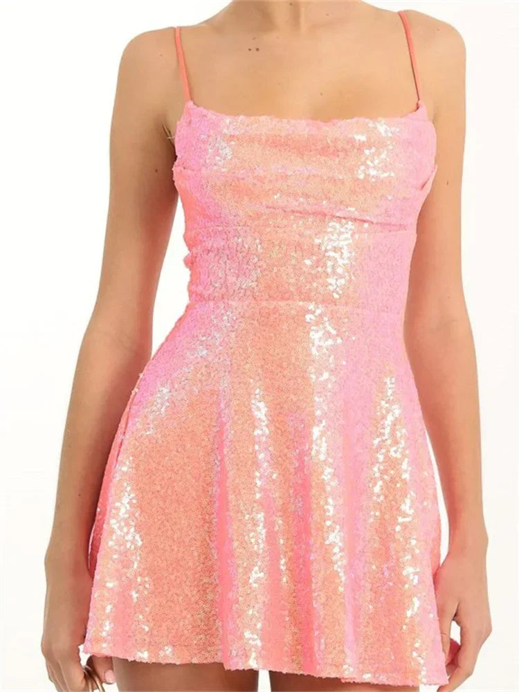 Sequin Square Neck Spaghetti Strap Fit and Flare Mini Dress