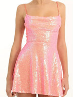 Sequin Square Neck Spaghetti Strap Fit and Flare Mini Dress