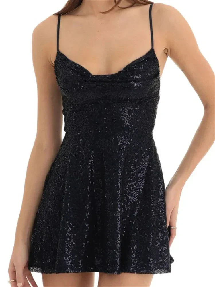 Sequin Square Neck Spaghetti Strap Fit and Flare Mini Dress