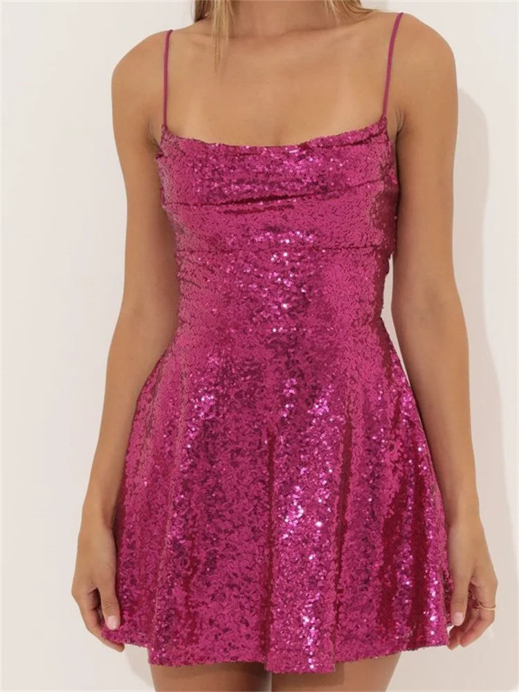 Sequin Square Neck Spaghetti Strap Fit and Flare Mini Dress