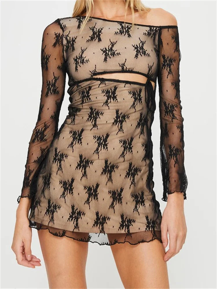 Sheer Lace Embroidered Cutout Asymmetric Neck Long Sleeve Mini Dress