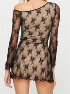 Sheer Lace Embroidered Cutout Asymmetric Neck Long Sleeve Mini Dress