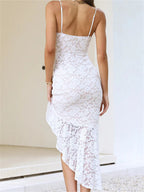 Lace Plunging V-Neck Spaghetti Strap High Split Bodycon Maxi Dress