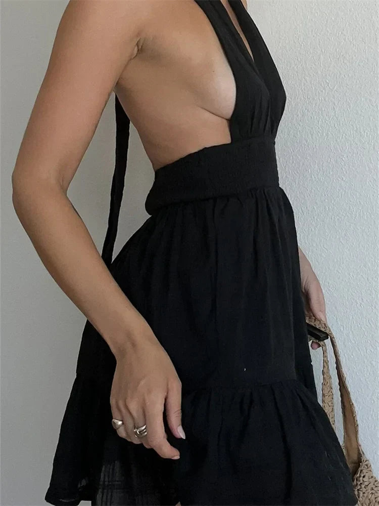 Halter Neck Deep V-Neck Smocked Waist Tiered Ruffle Pocket Mini Dress