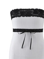 Strapless Lace Trim Ribbon Bow Empire Waist Tube Bodycon Mini Dress