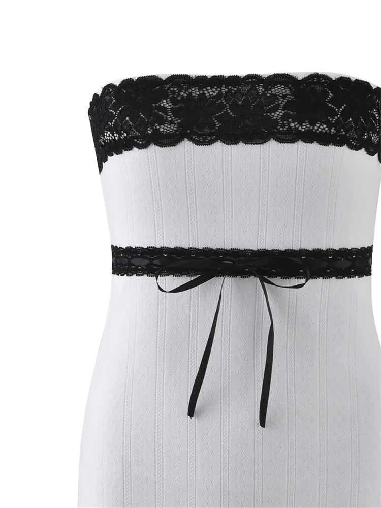 Strapless Lace Trim Ribbon Bow Empire Waist Tube Bodycon Mini Dress