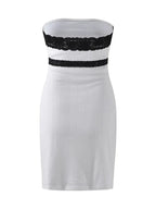 Strapless Lace Trim Ribbon Bow Empire Waist Tube Bodycon Mini Dress