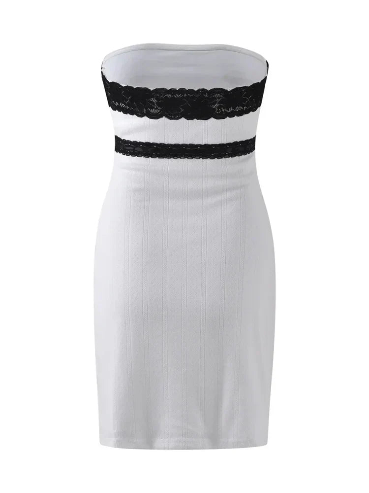 Strapless Lace Trim Ribbon Bow Empire Waist Tube Bodycon Mini Dress