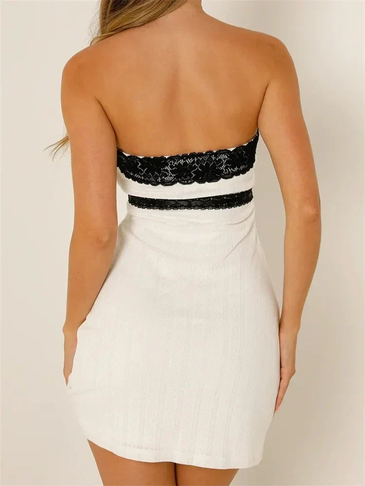 Strapless Lace Trim Ribbon Bow Empire Waist Tube Bodycon Mini Dress