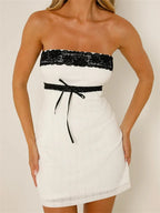 Strapless Lace Trim Ribbon Bow Empire Waist Tube Bodycon Mini Dress