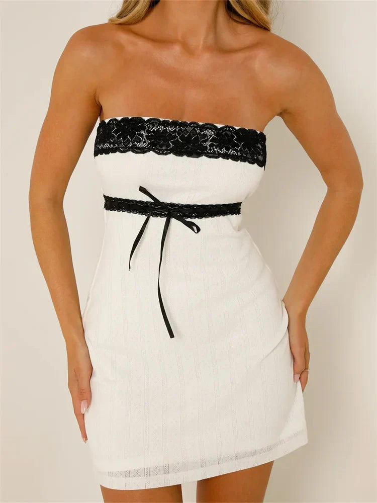 Strapless Lace Trim Ribbon Bow Empire Waist Tube Bodycon Mini Dress