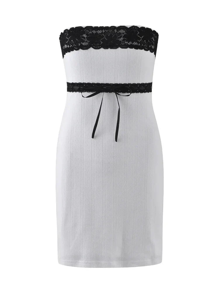 Strapless Lace Trim Ribbon Bow Empire Waist Tube Bodycon Mini Dress