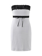 Strapless Lace Trim Ribbon Bow Empire Waist Tube Bodycon Mini Dress