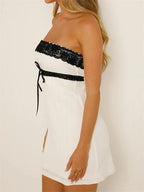 Strapless Lace Trim Ribbon Bow Empire Waist Tube Bodycon Mini Dress