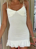 Lace Scallop Sweetheart Bustier Bow Strap Ruched Ruffle Hem Mini Dress
