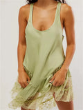 Satin Scoop Neck Ruffle Tier Lace Hem Slip Mini Dress