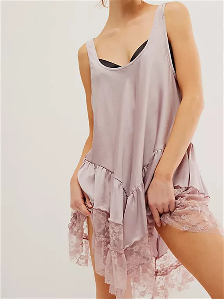 Satin Scoop Neck Ruffle Tier Lace Hem Slip Mini Dress