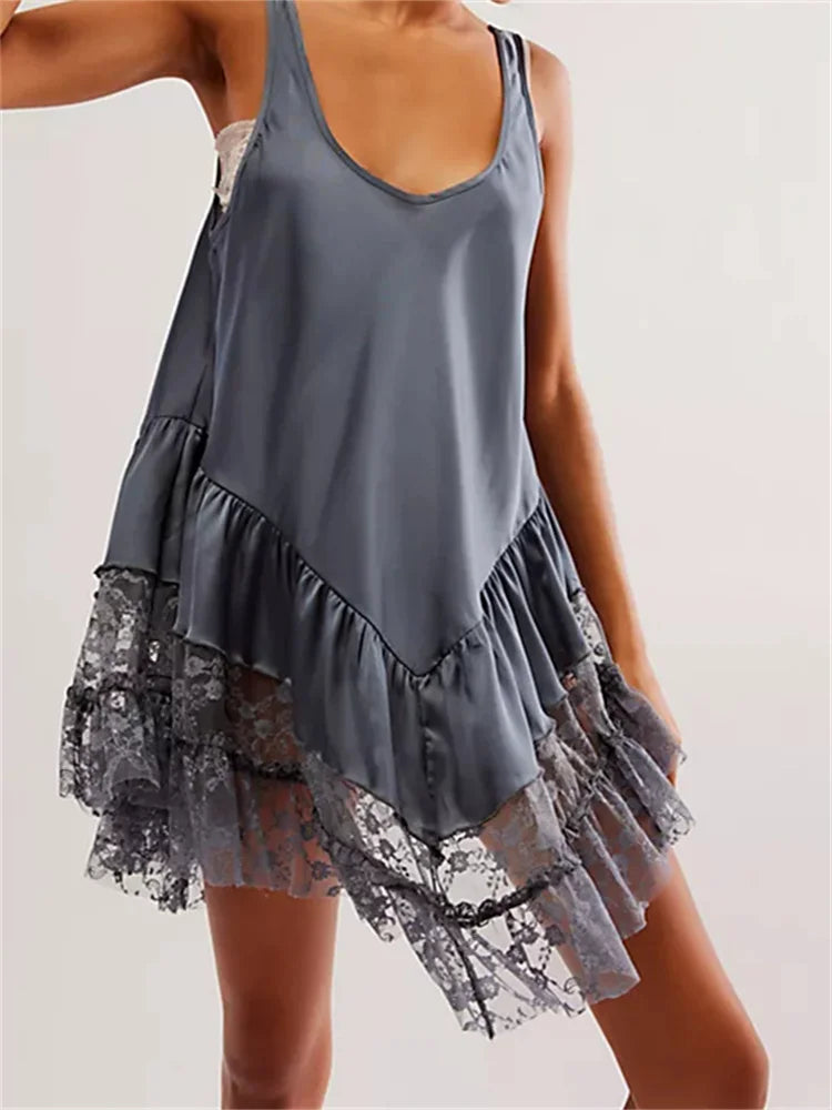 Satin Scoop Neck Ruffle Tier Lace Hem Slip Mini Dress