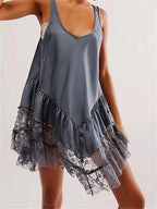 Satin Scoop Neck Ruffle Tier Lace Hem Slip Mini Dress