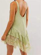 Satin Scoop Neck Ruffle Tier Lace Hem Slip Mini Dress