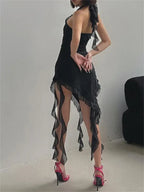One Shoulder Mesh Cascade Ruffle High Slit Bodycon Mini Dress