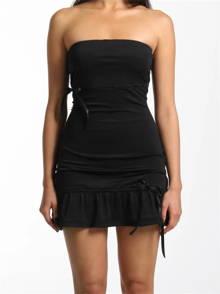 Strapless Side Bow Detail Ruffle Hem Bodycon Tube Mini Dress