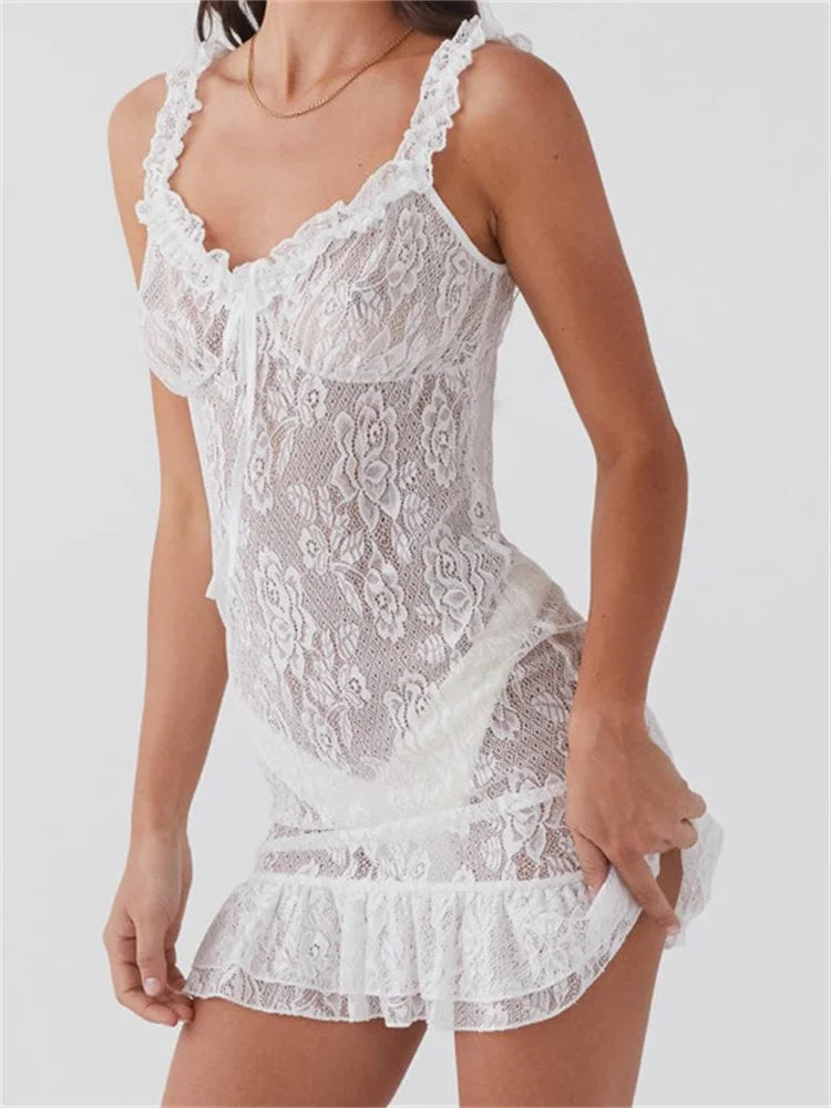 Sheer Floral Lace Sweetheart Neck Tie Front Ruffle Strap Tiered Hem Mini Dress