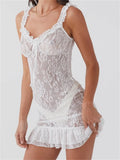 Sheer Floral Lace Sweetheart Neck Tie Front Ruffle Strap Tiered Hem Mini Dress