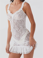 Sheer Floral Lace Sweetheart Neck Tie Front Ruffle Strap Tiered Hem Mini Dress