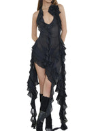 Chiffon Halter Deep V-Neck Rosette Cascade Ruffle High Low Mini Dress