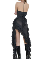 Chiffon Halter Deep V-Neck Rosette Cascade Ruffle High Low Mini Dress
