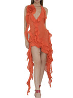 Chiffon Halter Deep V-Neck Rosette Cascade Ruffle High Low Mini Dress