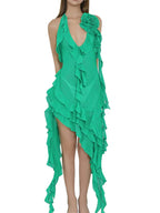 Chiffon Halter Deep V-Neck Rosette Cascade Ruffle High Low Mini Dress