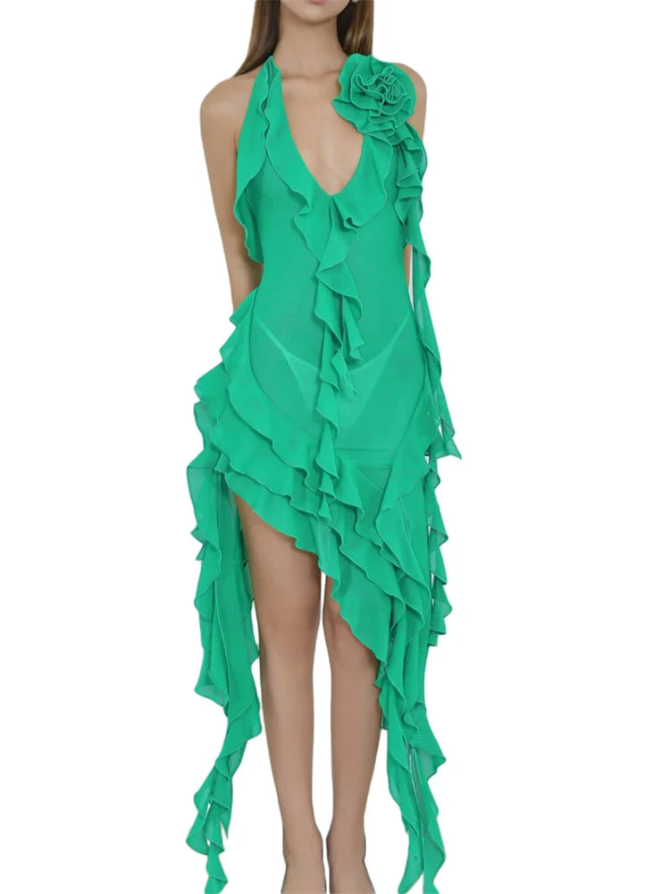 Chiffon Halter Deep V-Neck Rosette Cascade Ruffle High Low Mini Dress
