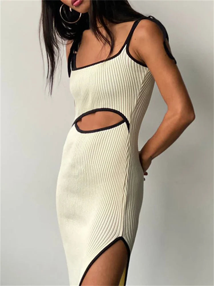 Square Neck Tie Shoulder Rib Knit Waist Cutout Side Split Midi Dress