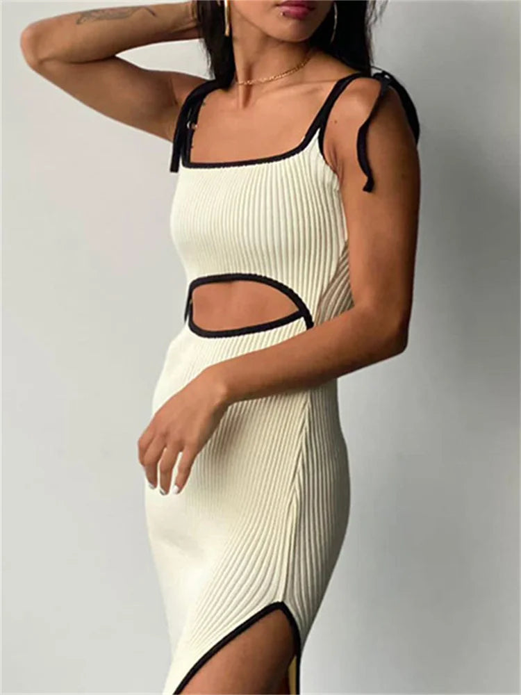 Square Neck Tie Shoulder Rib Knit Waist Cutout Side Split Midi Dress